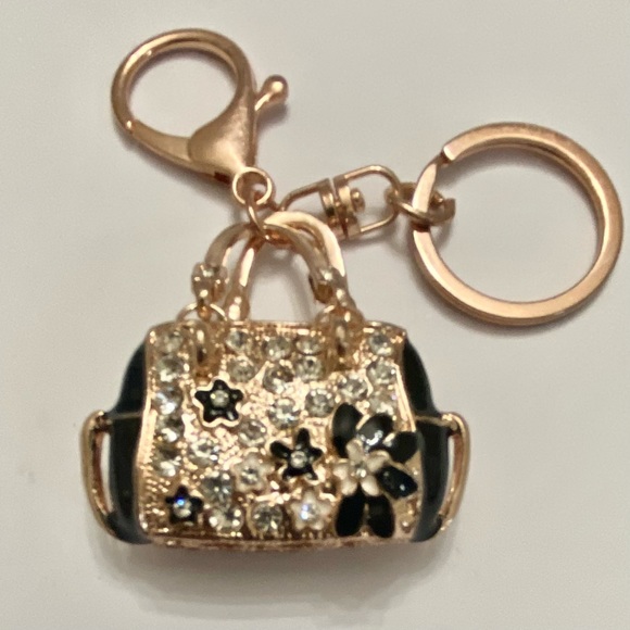 2-Way, Black Floral Rhinestone Handbag Charm- Key Chain - Picture 1 of 10